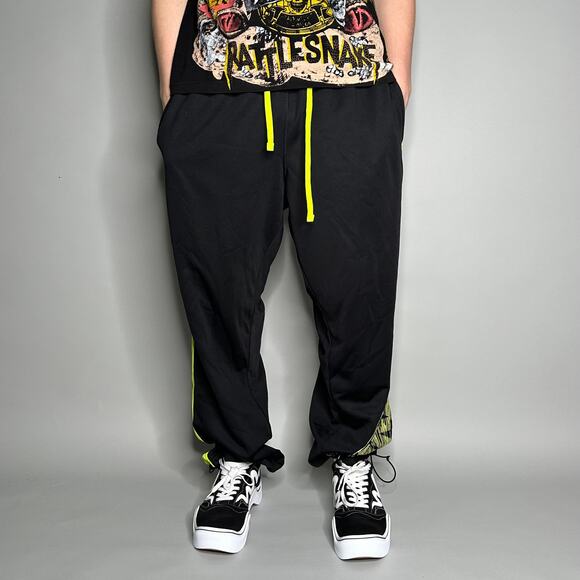 Vintage Y2K Nike Sweatpants Mens XL Baggy Fit Jet Black Cotton Yellow Logo - Picture 2 of 4